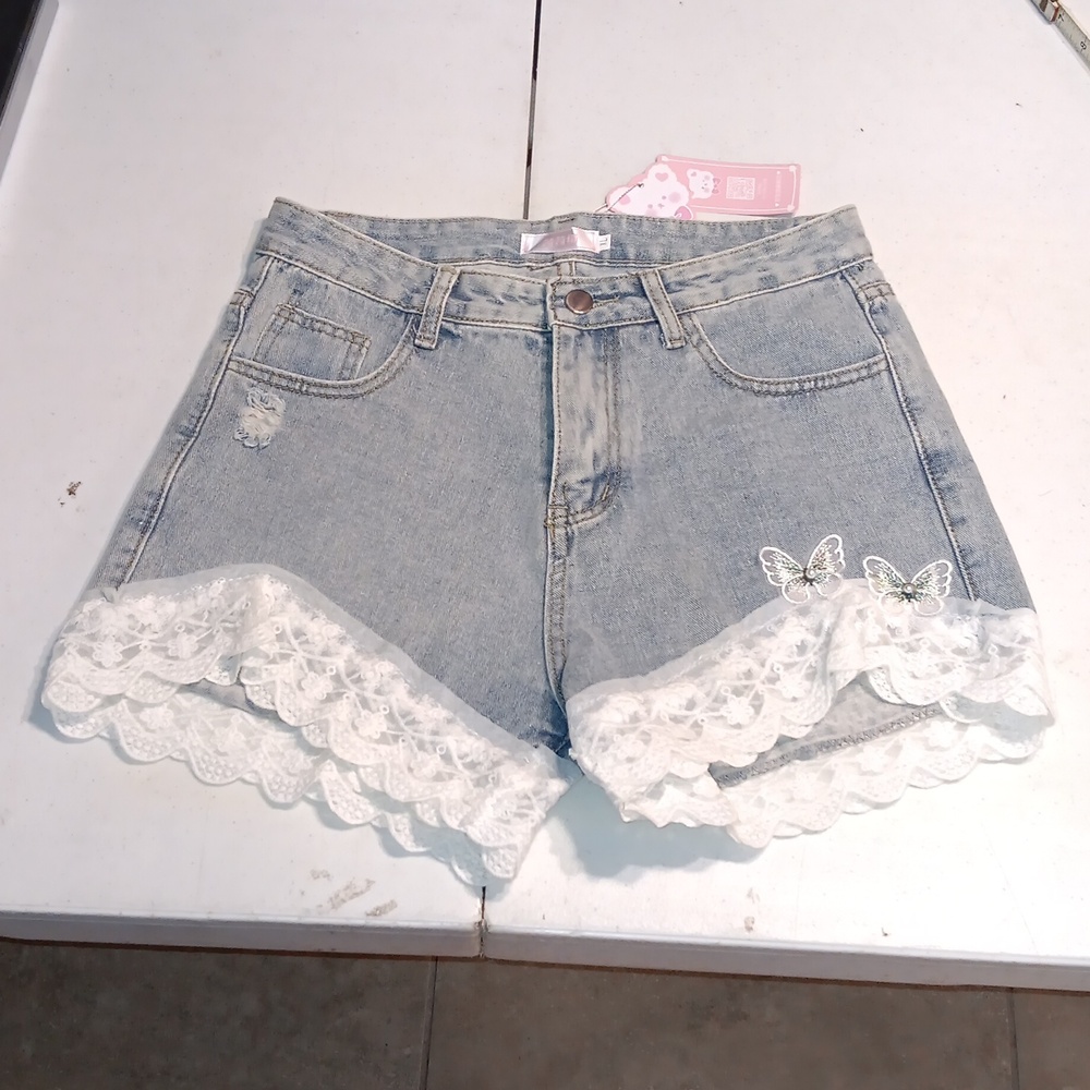 KPOP Shorts Women's 28 Blue White Lace Distressed Butterfly NWT‎